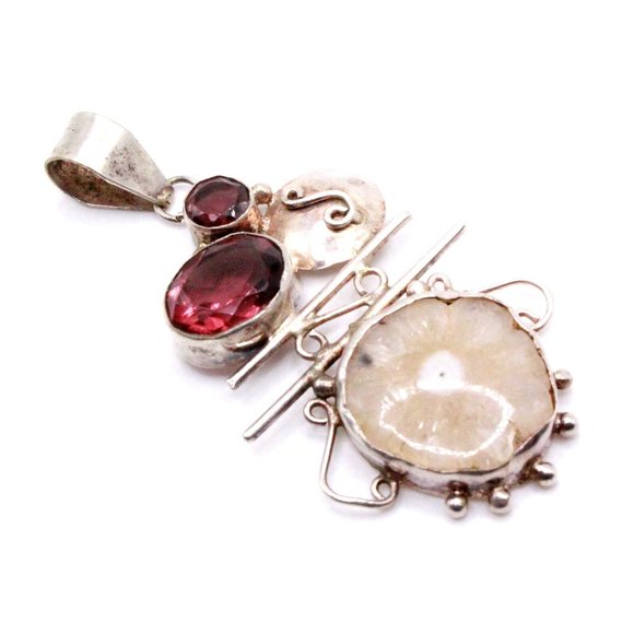 Sterling Silver 925 Purple Glass Sliced Quartz Modernist Pendant - Picture 5 of 10